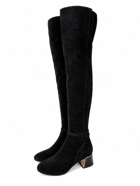 Tory Burch Black Suede Leather Over The Knee Boots Gold Logo Block Heel 7.5